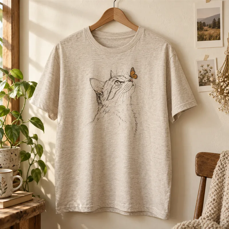 Camiseta premium color avena con retrato de gato en línea