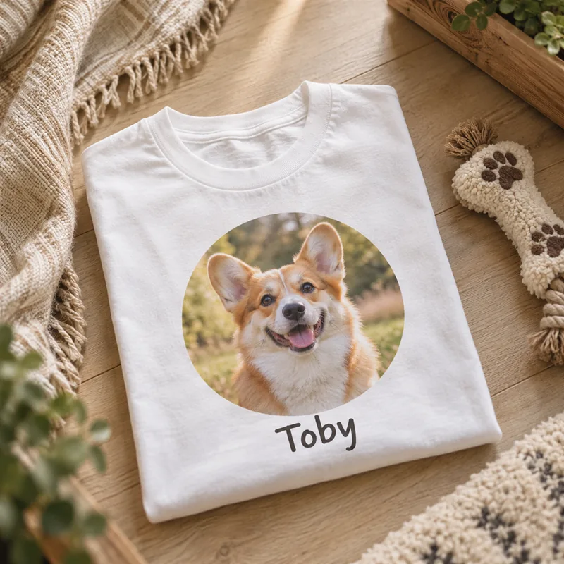 Camiseta blanca con la foto de un corgi y el nombre Toby