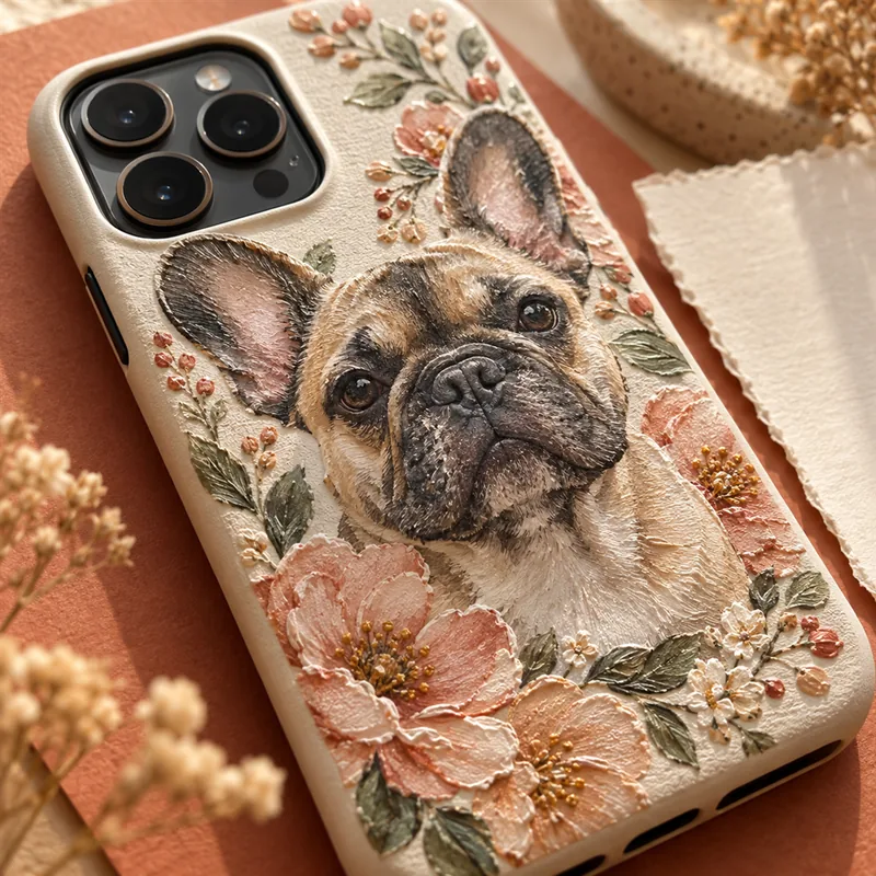 Funda premium con relieve 3D de un bulldog francés y flores