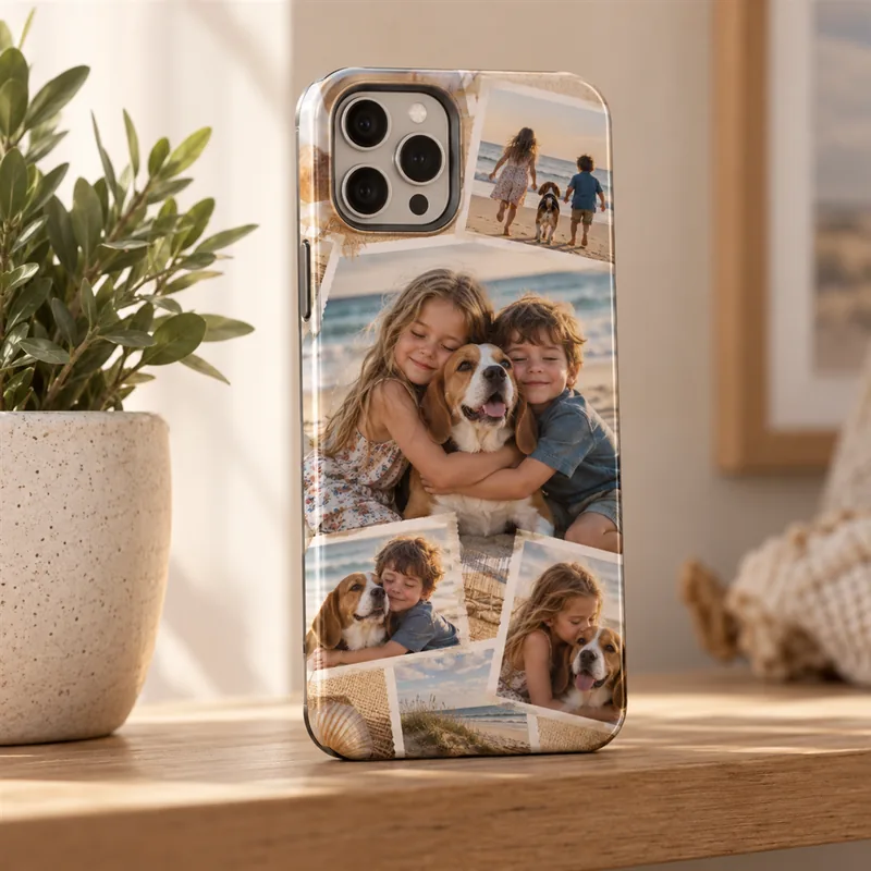 Funda rígida con un collage de fotos familiares con un beagle