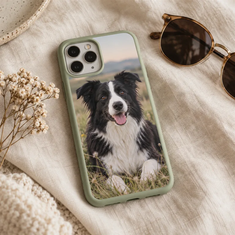 Funda de silicona verde salvia con la foto de un border collie