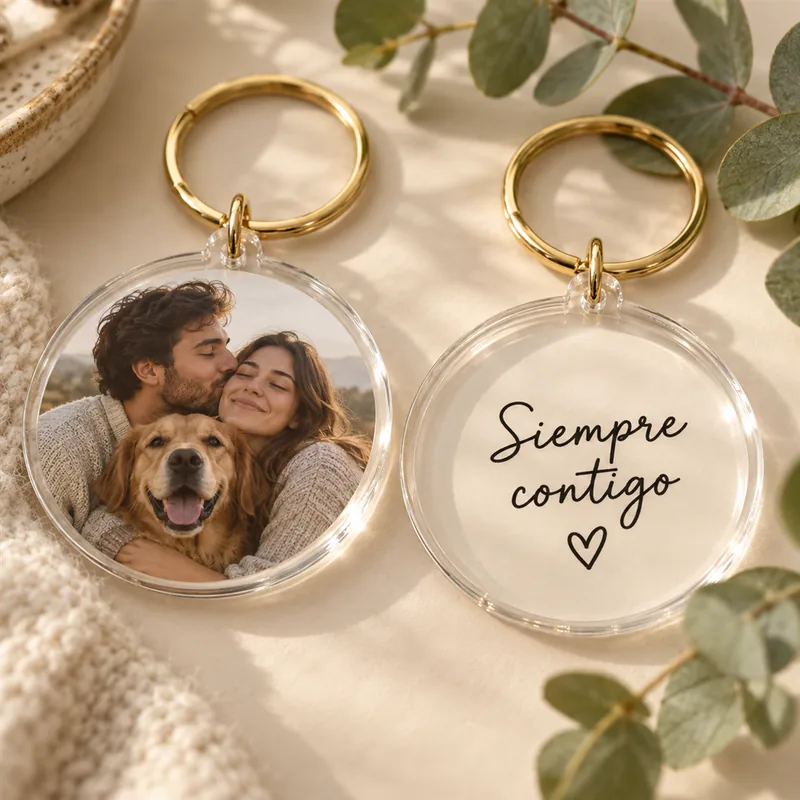 Llavero de doble cara con foto de pareja y perro por un lado y texto por el otro