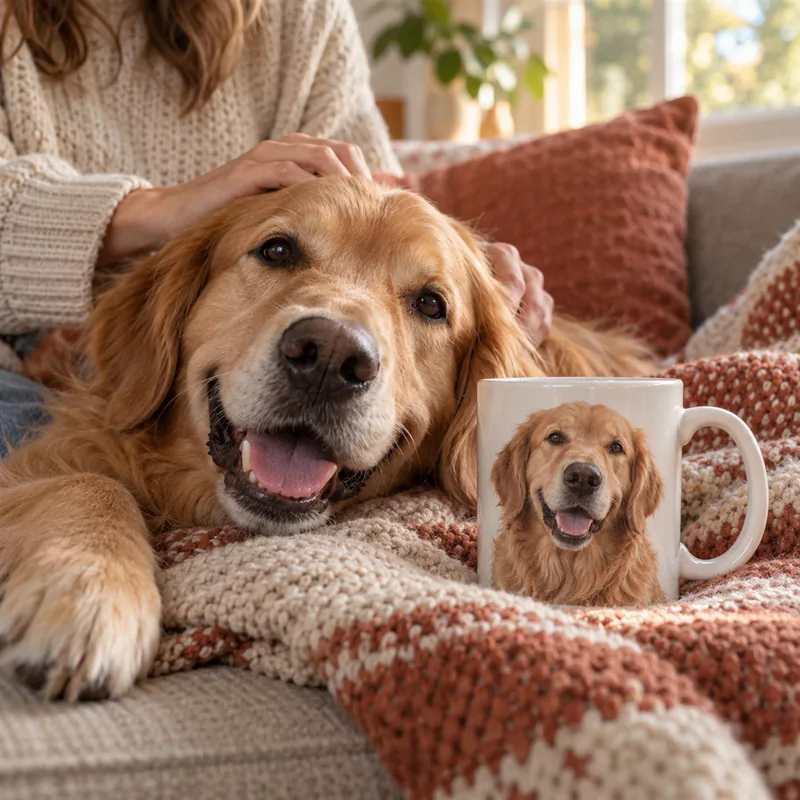 Golden retriever tumbado en el sofá junto a una taza con su propia foto