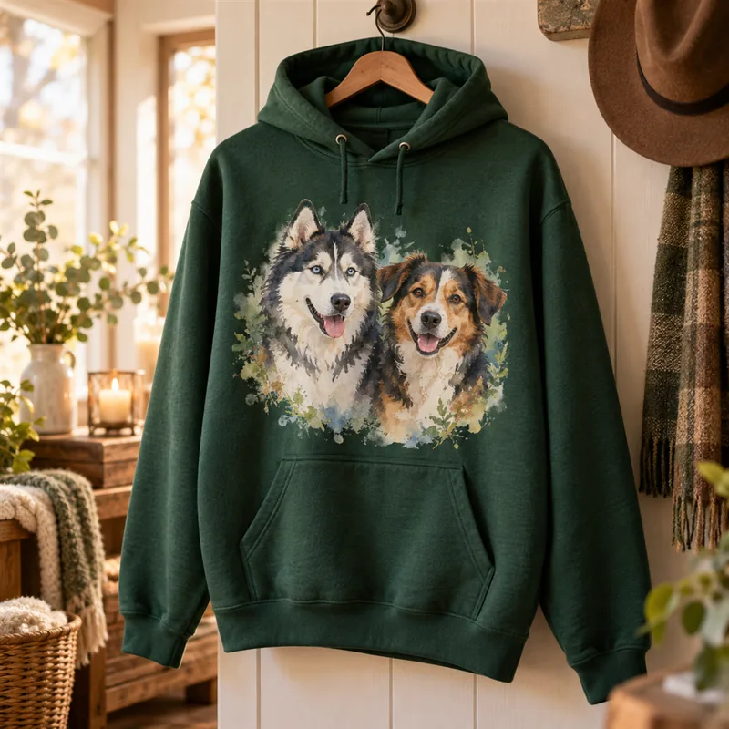 Sudadera con capucha verde con ilustración de dos perros
