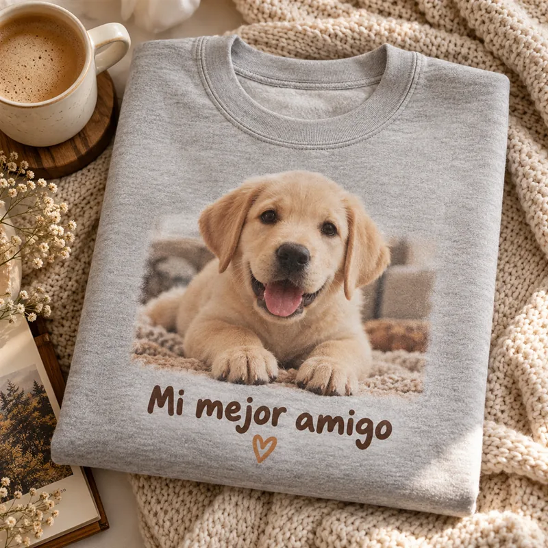 Sudadera gris con la foto de un cachorro de labrador y el texto Mi mejor amigo