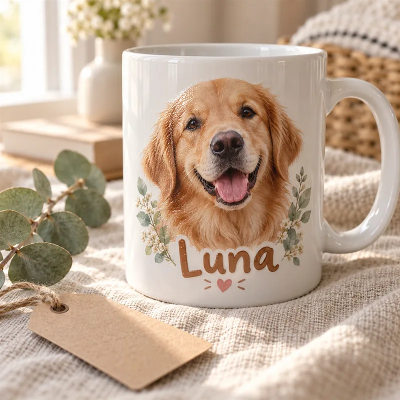 Taza de cerámica blanca con la foto de un golden retriever y el nombre Luna