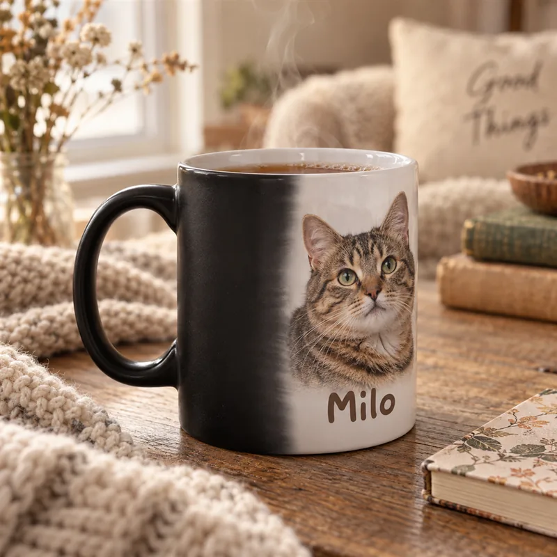 Taza mágica negra que revela la foto de un gato atigrado al calentarse