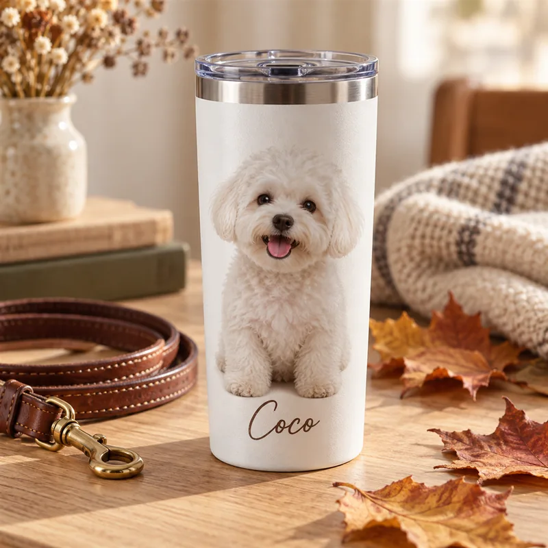 Termo de acero blanco con la foto de un bichón